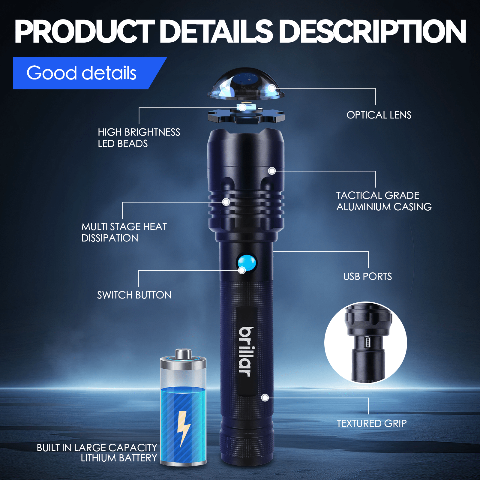 Brillar Commander 4000 Lumen USB Rechargeable Torch – Power, Precision, Performance — photo 3