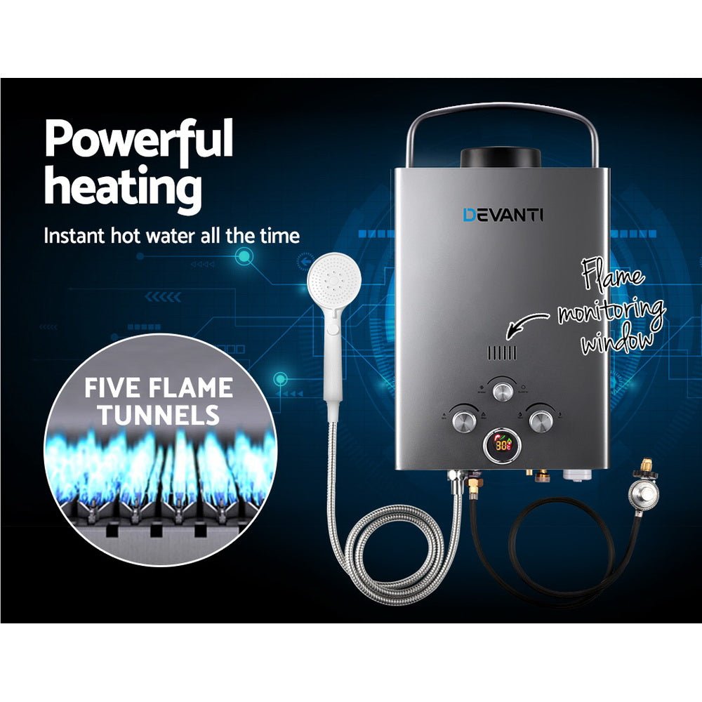 Devanti Portable Gas Water Heater – 8L/Min LPG Outdoor Hot Water Shower System (Grey) — photo 5