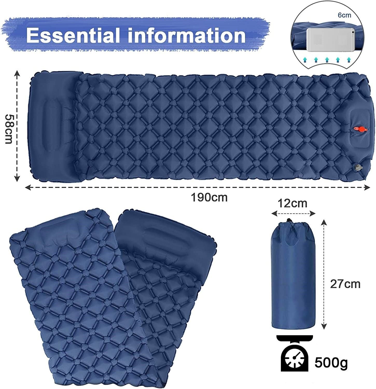 Ultralight Inflatable Camping Sleeping Pad with Built-in Pillow – 6cm Thick Compact, Durable & Foot Pump Operated — photo 2