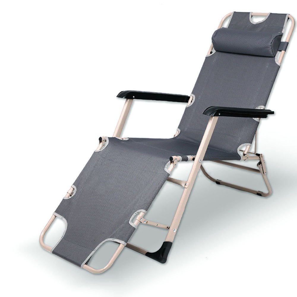 Reclining Sun Lounge Beach Chair – Folding Outdoor Deck Chair with Armrests & Padded Headrest – Grey