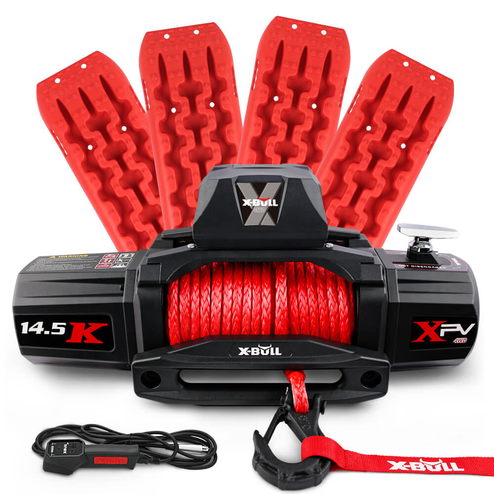 X-BULL 14,500LBS 12V Electric Winch with Synthetic Rope + 2 Pairs Gen2.0 Recovery Tracks – Red