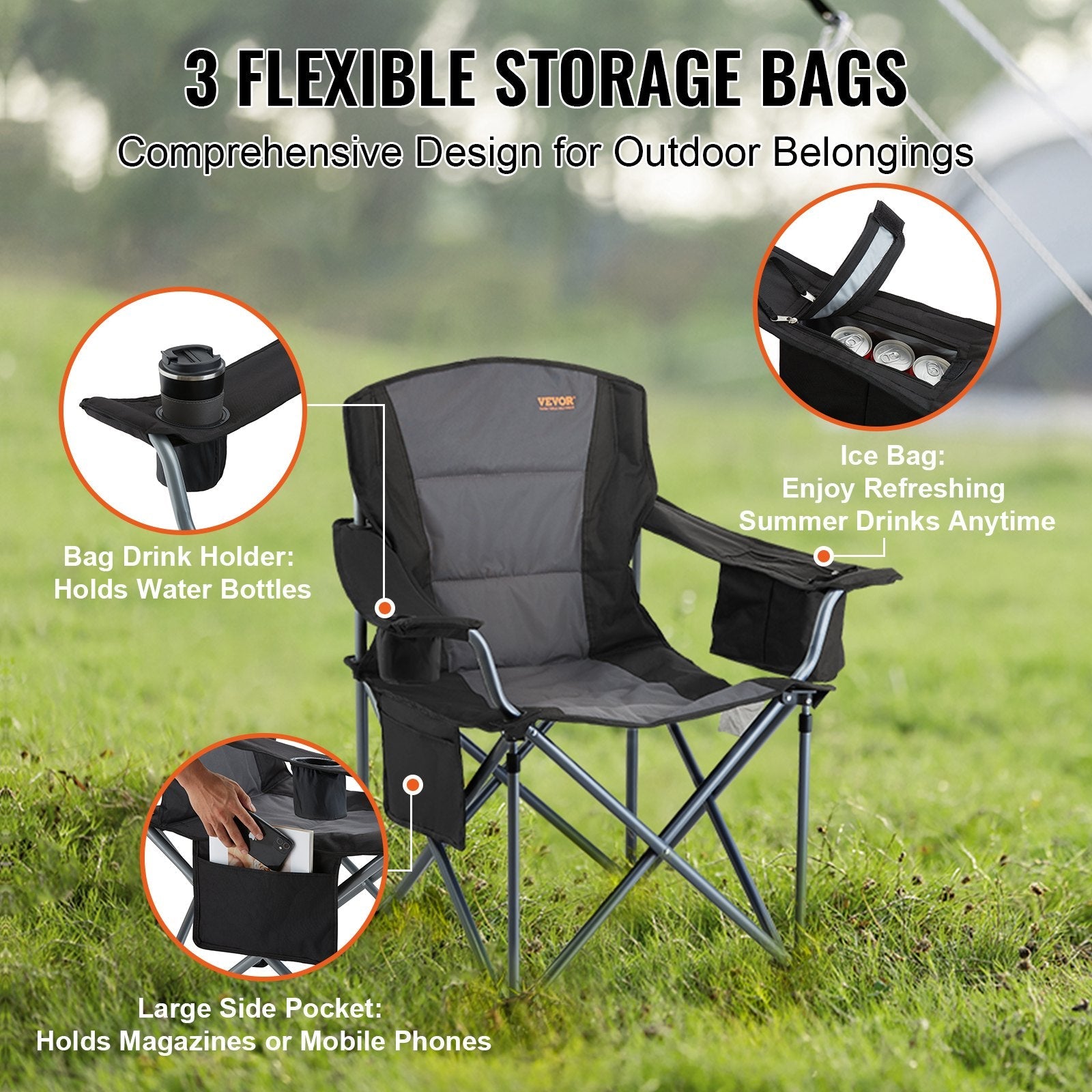 VEVOR Camping Chair – Folding, Heavy-Duty, Quad Design with Cooler Bag & Cup Holder — photo 5