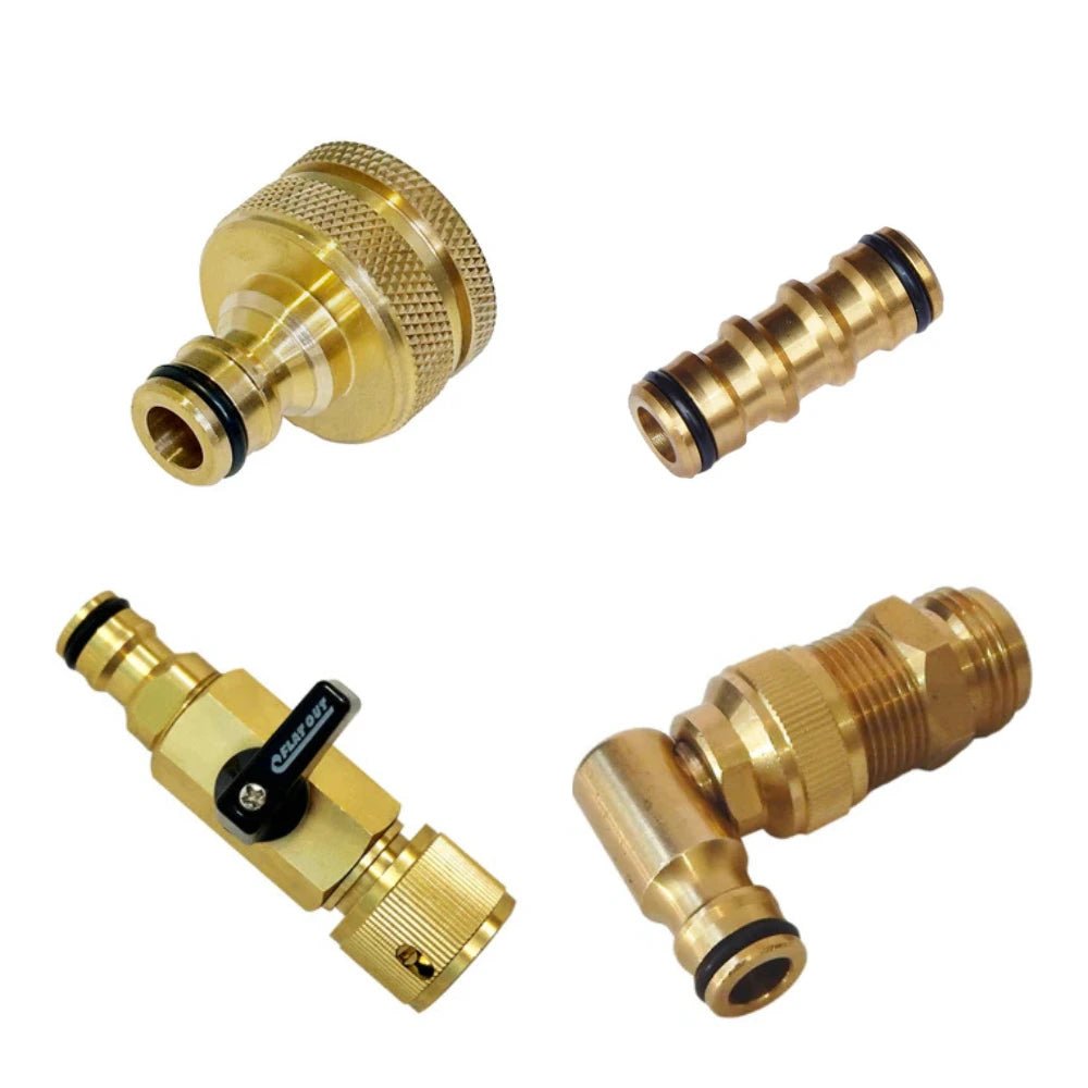 Flat Out Brass Fittings Essentials Pack – 4-Piece Kit for Camping and Caravan Setups