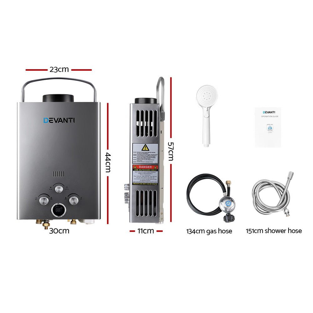 Devanti Portable Gas Water Heater – 8L/Min LPG Outdoor Hot Water Shower System (Grey) — photo 2