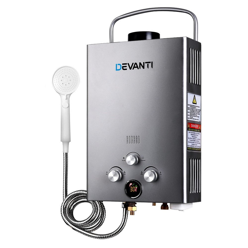 Devanti Portable Gas Water Heater – 8L/Min LPG Outdoor Hot Water Shower System (Grey)