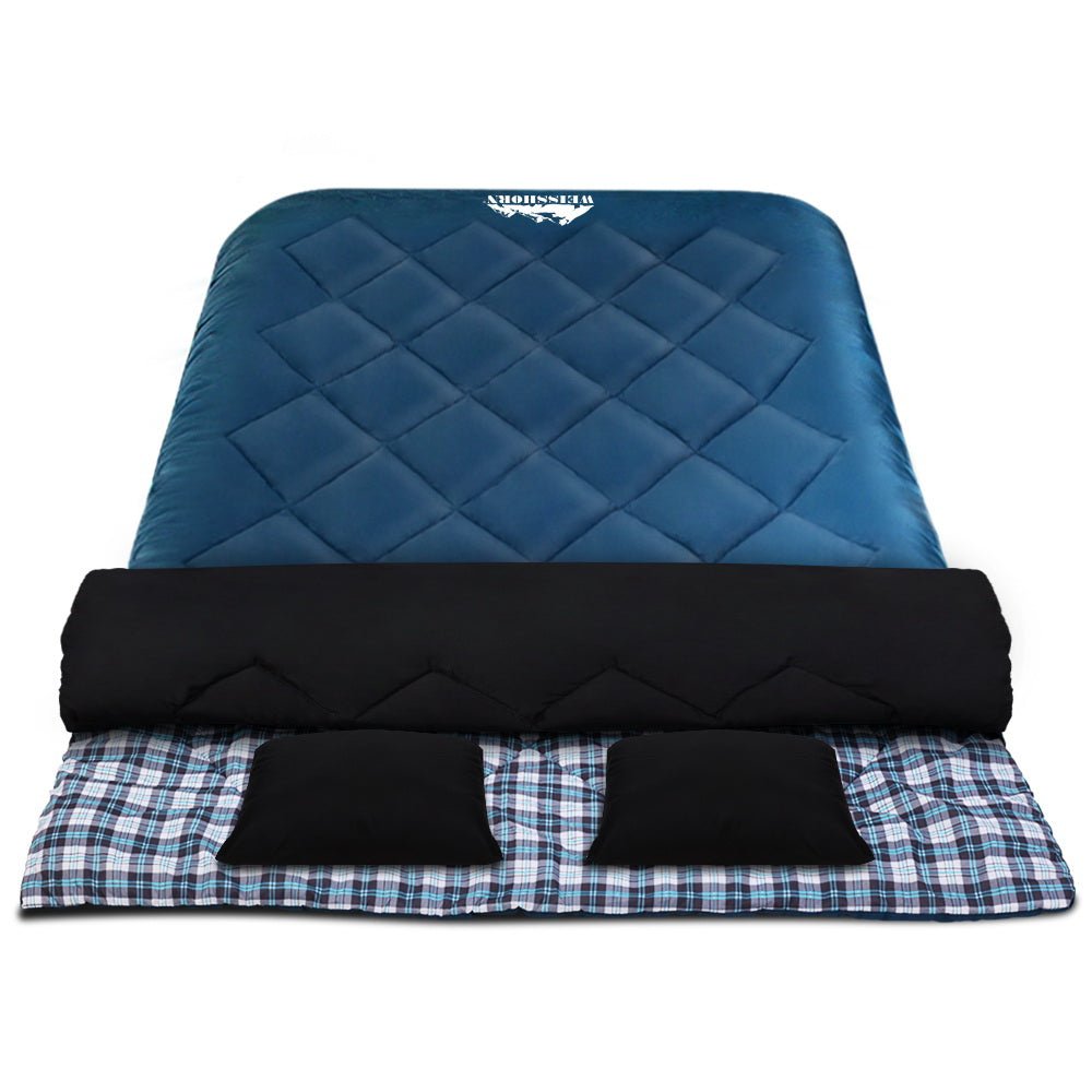 Weisshorn Double Sleeping Bag -10°C | 2-in-1 Camping Comfort with Pillows - Blue