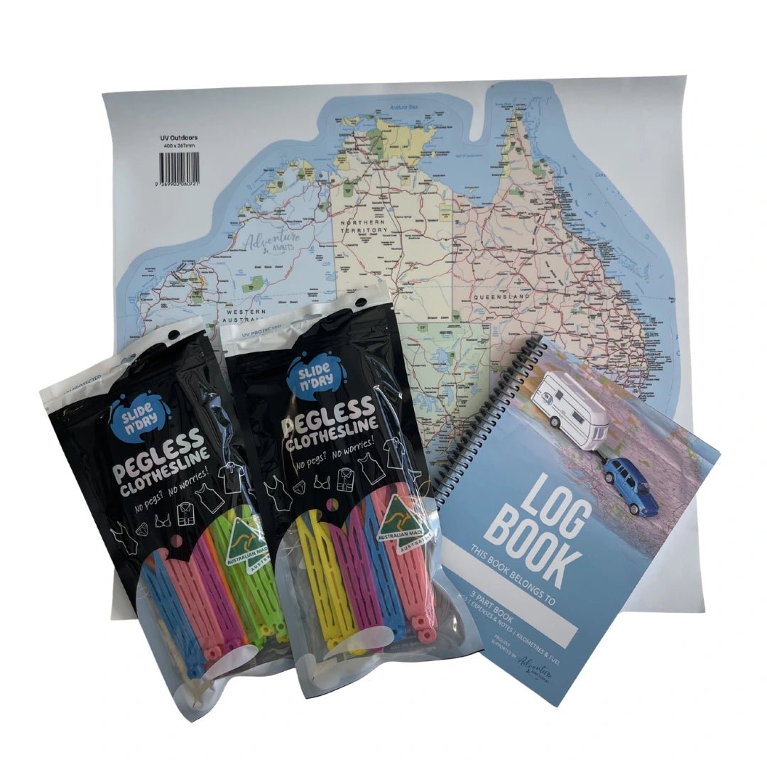 Travellers Pack – Caravan Log Book, Pegless Clothesline & Australia Map Sticker