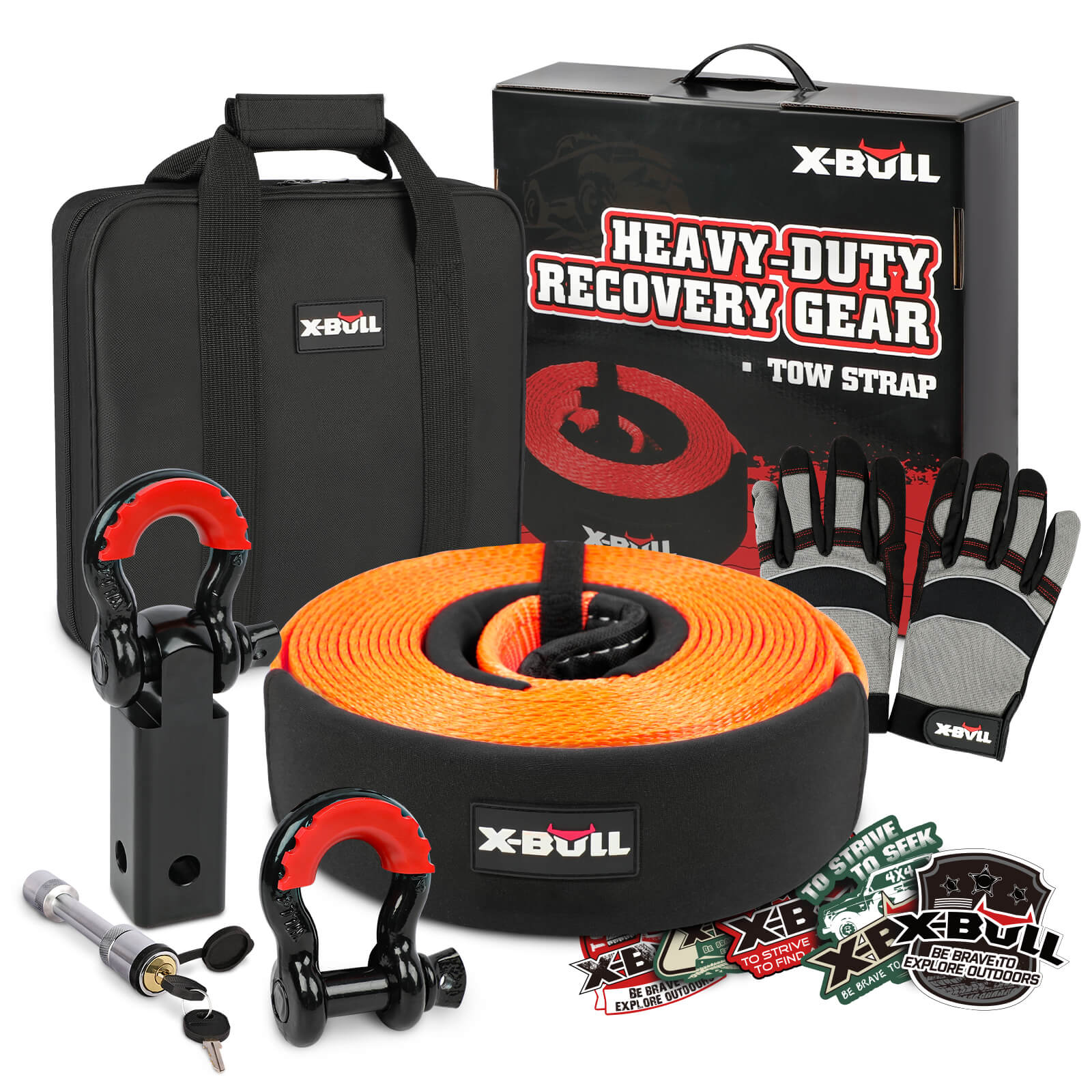 X-BULL 4WD Recovery Kit with Snatch Strap, Hitch Receiver and Bow Shackles