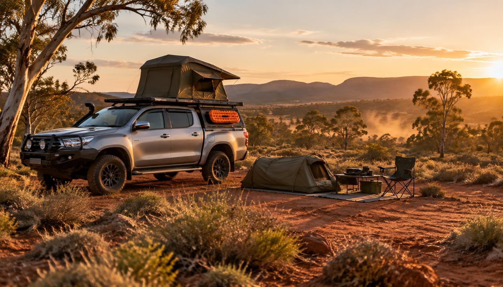 A 4WD ute pitched up for the night at an outback campsite, with a swag on the ground and a rooftop tent up top